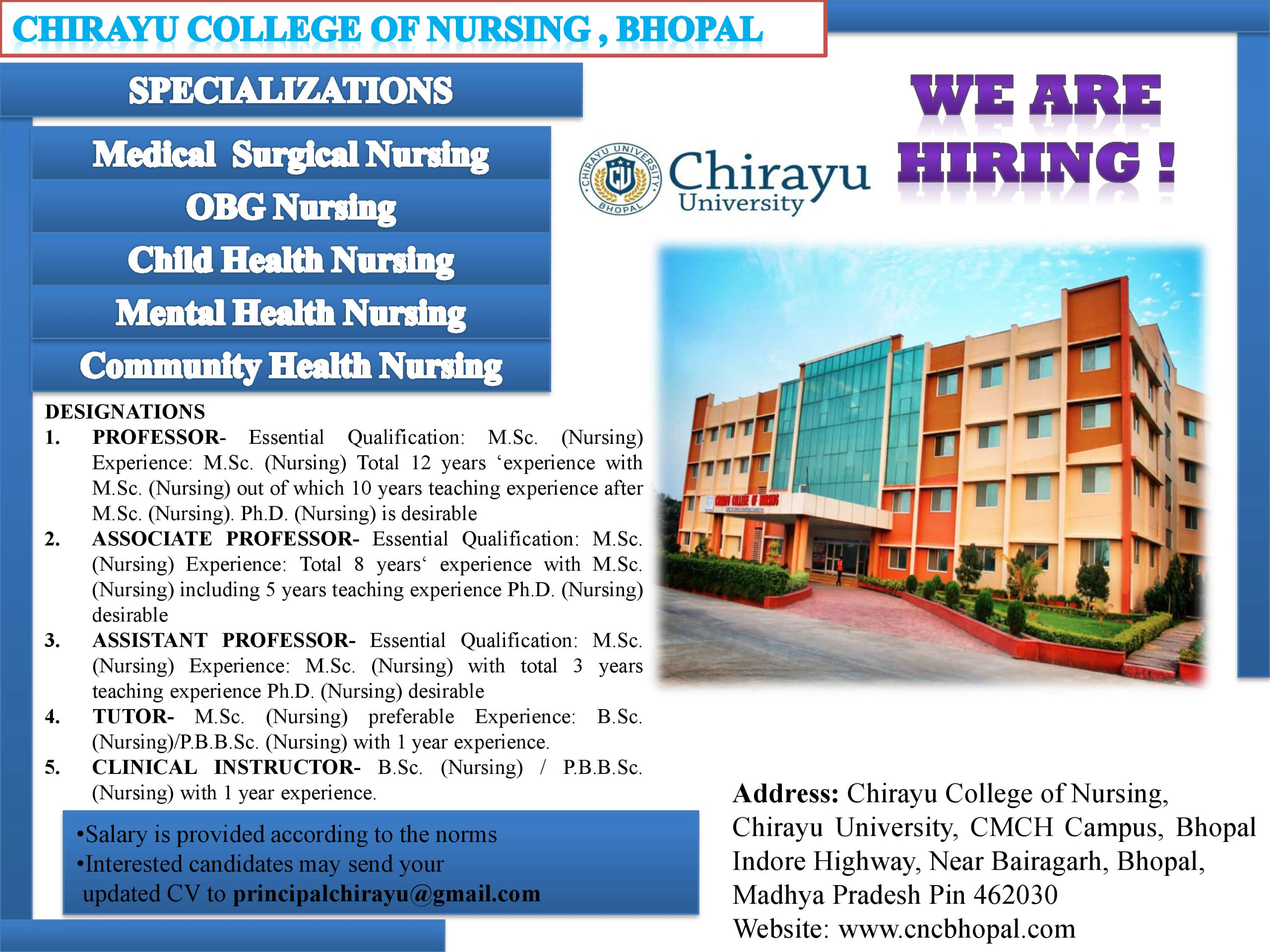 We Are Hiring - Chirayu College of Nursing, Bhopal
